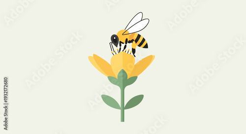 Honeybee collecting pollen from bright yellow flower in flat vector art style for nature illustration and springtime designs with light background