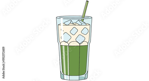 Iced matcha latte illustration in glass with straw and ice cubes; refreshing summer drink simple design for menu poster or social media