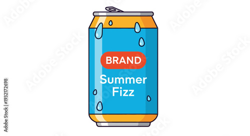 Iced summer beverage can with water droplets and a vibrant blue label offering a refreshing fizzy drink option in vector style
