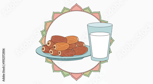 Illustration of dates on a plate with a glass of milk inside a decorative mandala frame vector style for Ramadan or Eid celebration