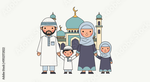 Illustration of happy Muslim family standing in front of mosque with dome and minarets in cartoon style for festive Eid celebrations