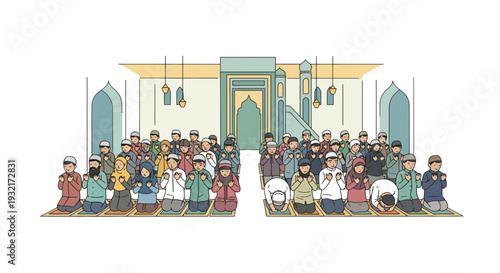 Illustration of Muslim worshippers praying in mosque with archways during religious service with beige and mint color scheme