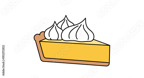 Illustration of lemon meringue pie slice with flaky crust and sweet whipped topping against a white background for menu design