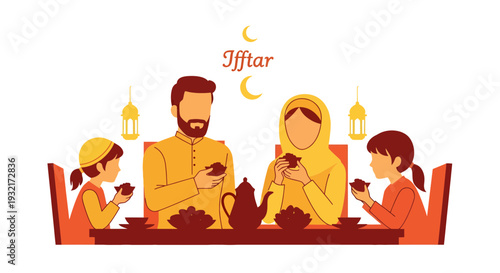 Illustration of Muslim family having Iftar meal together during Ramadan in yellow and orange tones featuring crescent moon and lanterns