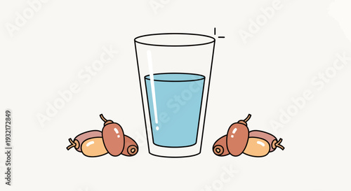 Illustration of glass of water with dates on cream background; healthy eating habits hydration wellbeing and simple lifestyle
