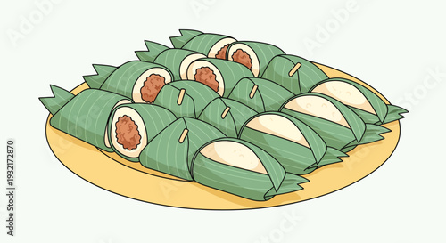 Illustration of traditional Filipino rice cakes wrapped in banana leaves on a plate featuring distinct green hues cultural food presentation