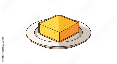 Isometric illustration of a square piece of butter on a plate cartoon style yellow and brown colors culinary presentation food service concept