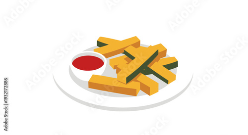 Isometric view of golden fries served with a bowl of red dipping sauce on a white plate presented in a simple vector illustration style