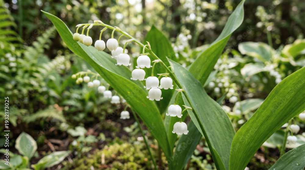 Obraz premium Lily of the valley (Convallaria majalis) white bell flowers in woodland