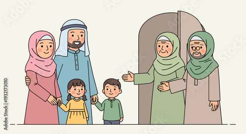 Multi-Generational Muslim Family Visit Illustration: Parents Kids Grandparents at Door in Cartoon Style Eid Celebration Unity and Tradition