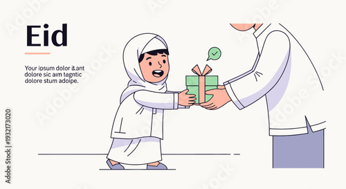 Muslim child receiving Eid gift from adult in cartoon style illustration with soft pastel colors conveying holiday spirit and cultural traditions