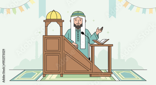 Muslim cleric delivering sermon from minbar with book and microphone in mosque vector illustration; Islamic religious leader; prayer
