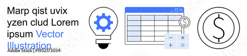 Financial analysis, productivity strategies, technical workflows, planning tools, budgeting, innovative ideas. Gear lightbulb, spreadsheet calculator and dollar sign icon. Financial analysis