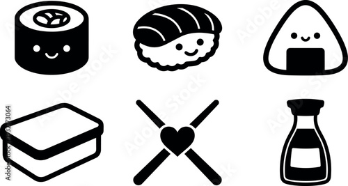 Kawaii flat design sushi icons smiling nigiri onigiri bento box crossed chopsticks with heart soy sauce bottle cute vector set