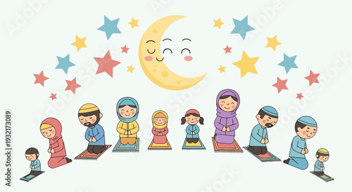 Muslim family cartoon illustration with moon and stars praying on mats during Ramadan celebrating Eid in cute vector art style