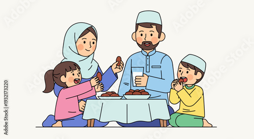 Muslim family enjoys iftar meal together during Ramadan with dates and milk illustration in cartoon style beige background commercial content
