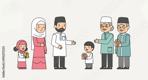 Muslim family exchanging gifts with grandparents in a cartoon style illustration for Eid celebrations featuring traditional clothing and warm greetings