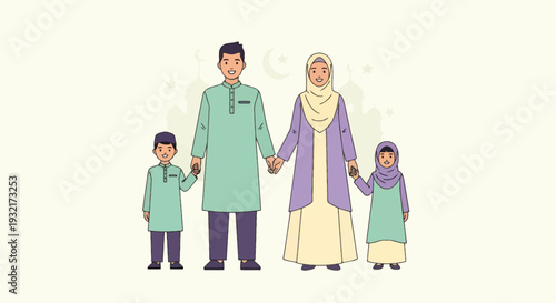 Muslim family illustration in pastel shades featuring father mother son and daughter holding hands against mosque background; Islamic artwork