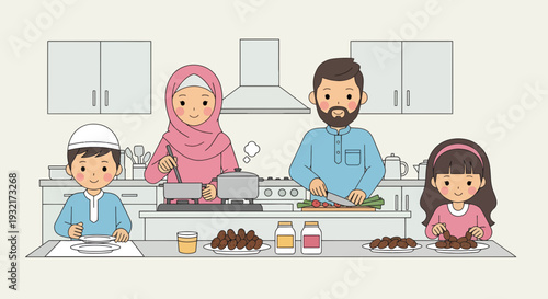 Muslim family preparing iftar meal together in kitchen illustration; father mother son and daughter enjoying cooking for Ramadan feast