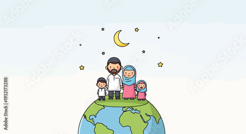 Muslim family illustration on globe with crescent moon and stars in a cute cartoon style against a light blue sky background