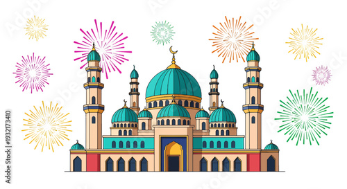 Ornate Islamic mosque illustration with teal domes and colorful fireworks for festive Ramadan and Eid celebrations