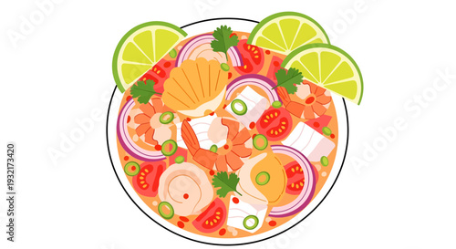Overhead vector illustration of vibrant Mexican ceviche dish with shrimp fish scallops limes tomatoes and onion