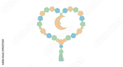 Pastel colored rosary beads with a crescent moon charm in heart shape vector illustration; spiritual aesthetic design element