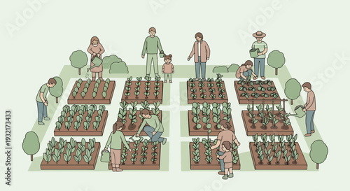 People tending vegetable garden plots growing organic crops in community allotment illustration in flat design promoting sustainable urban agriculture