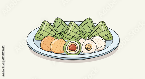 Plate of festive zongzi rice dumplings and sweet desserts colorful traditional Asian cuisine for Dragon Boat Festival celebration cartoon illustration