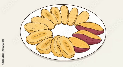 Plate of golden brown fried bananas and sweet potato wedges artfully arranged on a plate hand-drawn illustration for menus cookbooks