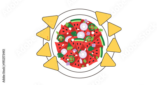 Plate of watermelon nachos with red onion cilantro and tortilla chips in cartoon vector illustration style for healthy snacks and summer celebrations
