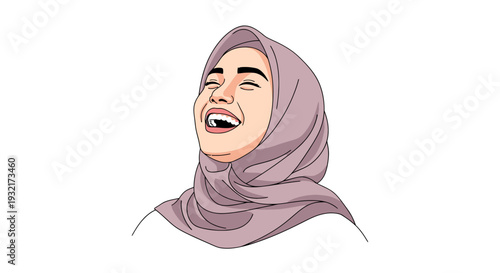 Portrait illustration of a laughing woman wearing a hijab in a modern vector style showcasing joy and cultural representation for diverse media