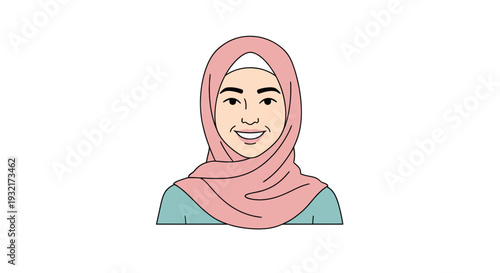 Portrait of a smiling young woman in hijab a light pink headscarf against white showcasing a modern and modest style for fashion and cultural designs