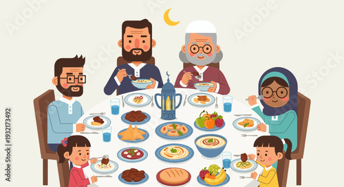 Ramadan family iftar dinner vector illustration: happy Muslim people eating together at a festive table with traditional food dishes