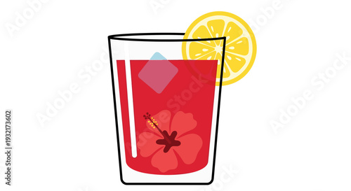 Refreshing hibiscus drink with lemon slice in a glass illustrated tropical beverage with ice cube vibrant red cocktail for summer themes
