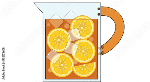 Refreshing iced tea illustration with orange slices and ice cubes in a glass pitcher vector style drink for summer refreshment