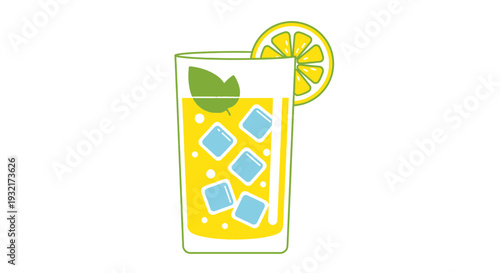 Refreshing tall glass of lemonade illustration with ice cubes and mint vibrant lemon slice garnish isolated vector design