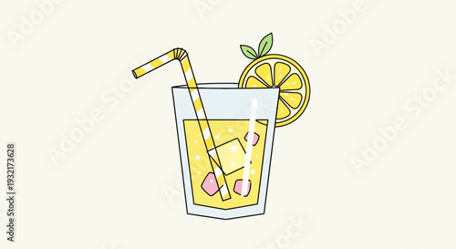 Refreshing lemonade with straw and lemon slice illustration; summer drink in glass with ice cubes vibrant yellow color hand drawn style