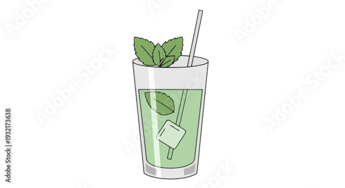 Refreshing mojito cocktail illustration with mint leaves and ice cube in glass complete with straw and subtle gray accents