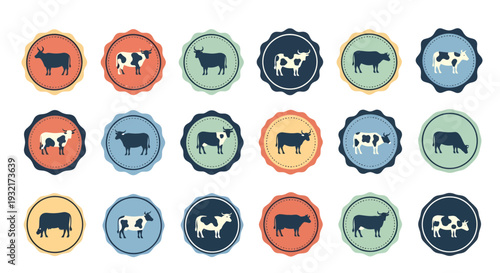 Set of organic cow and dairy farm labels, vintage cattle livestock badges for meat and milk product packaging, vector cow silhouettes in flat design style