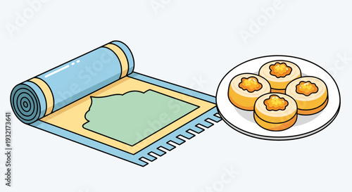 Rolled prayer rug with kibbeh pastries on a plate illustration in isometric style for Islamic holidays and Eid celebrations design