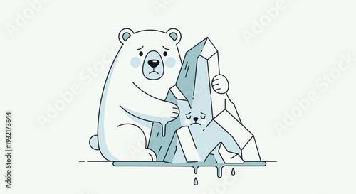 Sad polar bear hugging melting iceberg illustration climate change concept art global warming awareness drawing cute vector design