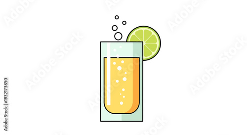 Refreshing tequila shot with lime slice and bubbles in a clean line art style perfect for summer cocktails and bar illustrations