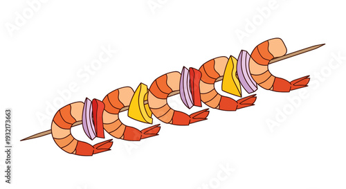 Shrimp kebab skewer featuring grilled prawn alternating with yellow bell pepper and red onion slices in cartoon vector style for healthy barbecue dish concept
