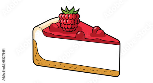 Slice of raspberry cheesecake illustration with a sweet red glaze topped with fresh raspberries in a cartoon style on white background