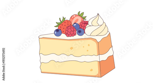 Slice of delicious sponge cake topped with fresh berries and whipped cream cartoon illustration style for food blog or bakery design