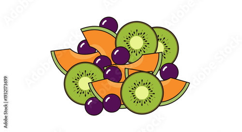 Sliced kiwis and cantaloupe wedges topped with dark grapes isolated fruit salad arrangement fresh ingredients healthy dessert vector illustration
