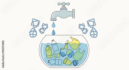 Tap filling bowl with plastic waste illustration in blue and yellow tones depicting environmental pollution and contamination concept