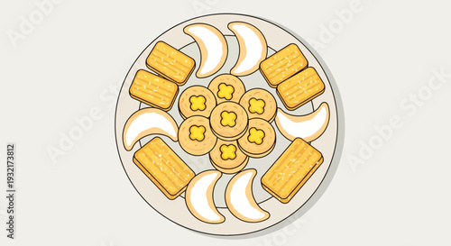 Top-down view of assorted cookies arranged on a plate featuring rectangle crescent and flower-shaped delights vector style