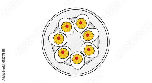 Top-down view of a plate of deviled eggs arranged in a circle featuring bright yellow yolks and outlined with a fine black vector style